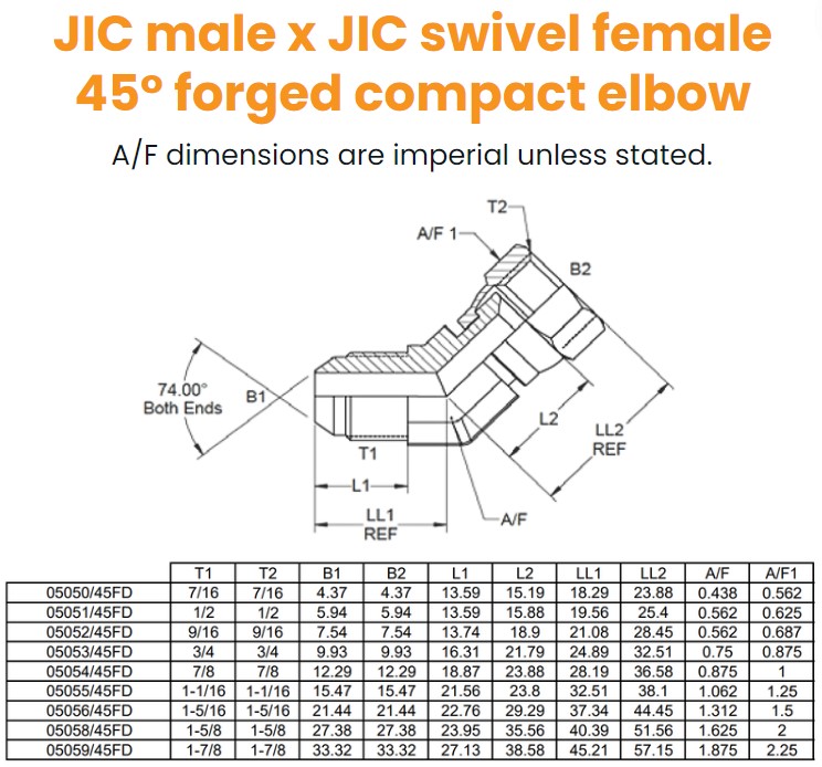7/16 JIC x 7/16 JIC M/F 45° Forged Elbow Hydraulic Adaptor